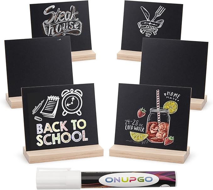 ONUPGO Chalkboard Signs with Wood Base Stands, 10X12cm Vintage Wooden Tabletop by ONUPGO
