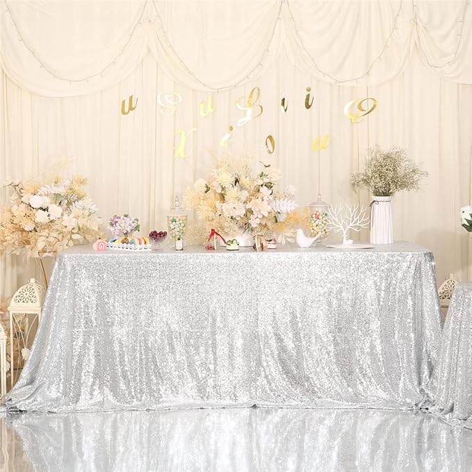 SquarePie Sequin Tablecloth 90 x 156 Inch Silver Sparkly Table Linen - Image 3
