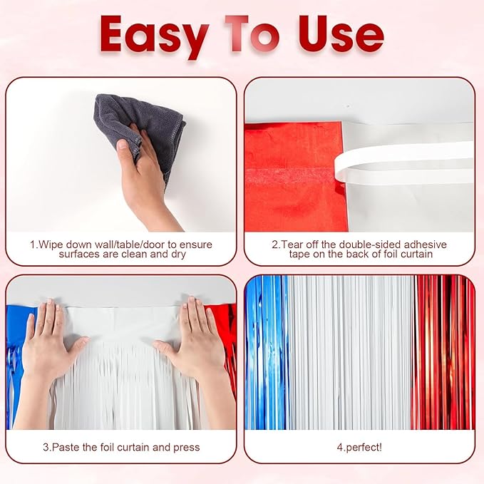 2 Pack Red White and Blue Foil Fringe Backdrop Curtains, Tinsel Streamers Party - Image 4