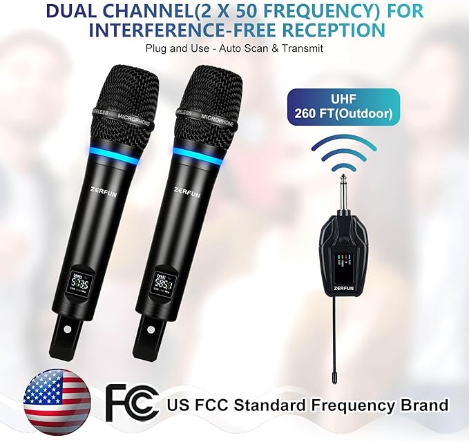 2 Channel Rechargeable Wireless Microphone System, Pro UHF Metal Handheld - Image 5