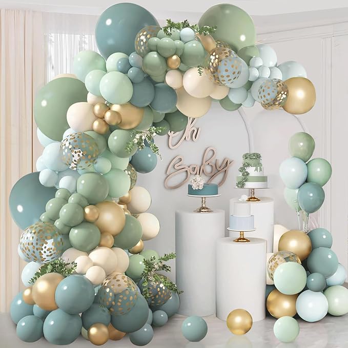 Dusty Blue Sage Green Balloon Arch Kit, Pastel Blue Green Sand White Gold by Zesliwy