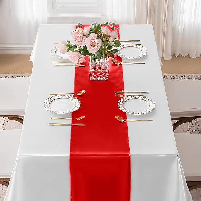 SHEJIZE 10 Pack Red Satin Table Runner 12x108 Inches Long, Bright Silky Smooth - Image 3