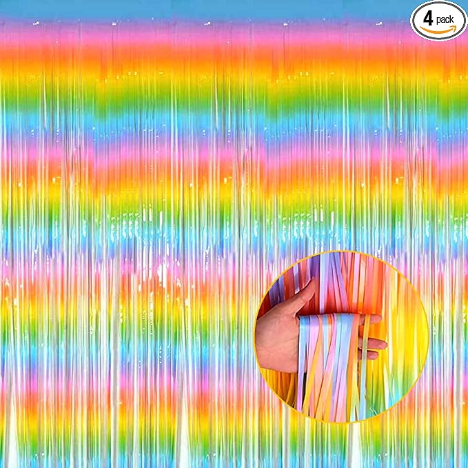4 Pack Macaron Rainbow Foil Fringe Curtain Backdrop, 3.28Ft x 8.2Ft Metallic by Unknown