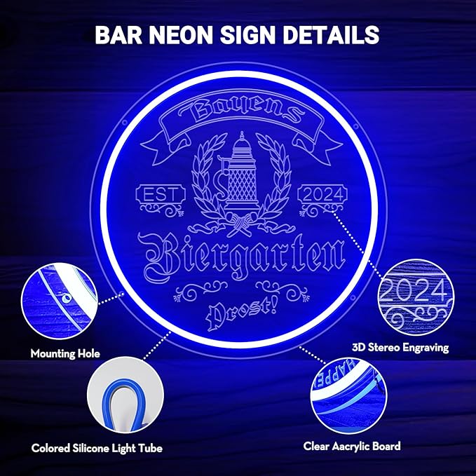Custom Bar Neon Sign for Biergarten, Personalized LED Beer Barrel Wheat Signs - Image 3