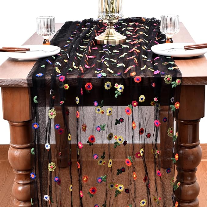 Joanlody Black Embroidery Daisy Fall Thanksgiving Table Runner 10ft Florals - Image 2