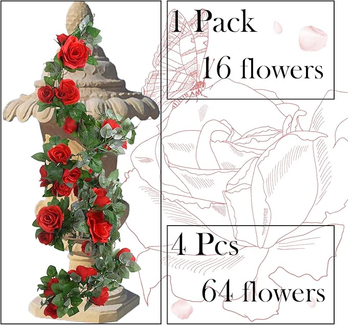 4 Pack Artificial Rose Vine Garland Fake Roses Flowers Plants Vines Hanging - Image 3