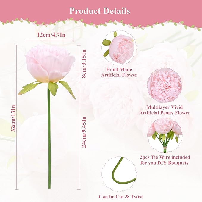U'Artlines 20 Heads Artificial Peony Silk Flower Leaf Home Office Wedding Party - Image 4