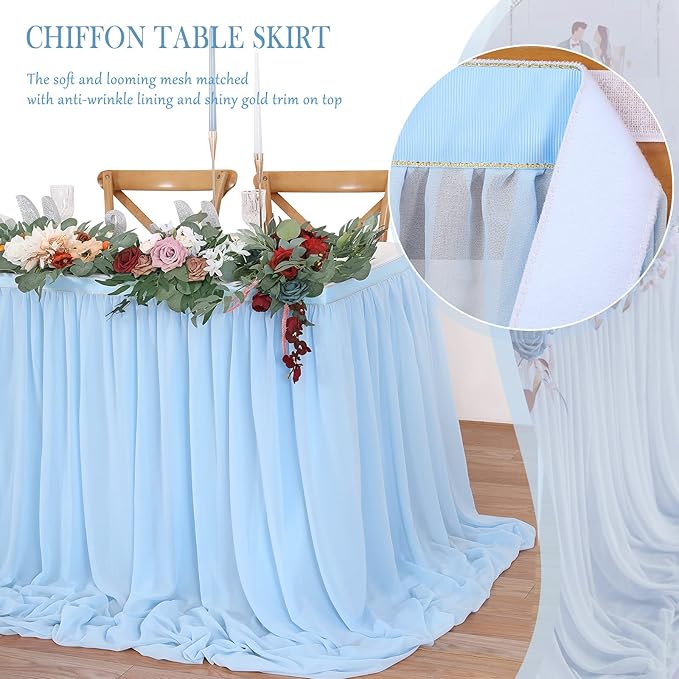 Baby Blue Table Skirt for Birthday Party14ft Rectangle or Round Chiffon Table - Image 4