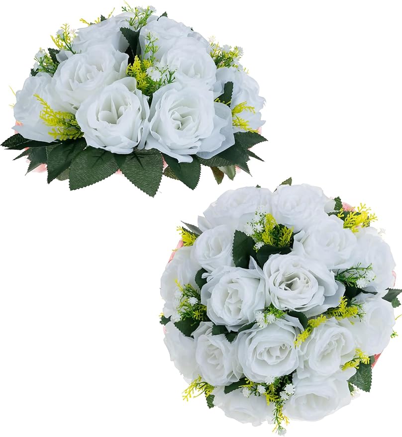 BLOSMON White Roses Artificial Flowers: 2 Pcs Fake Floral Balls Centerpiece by Blosmon