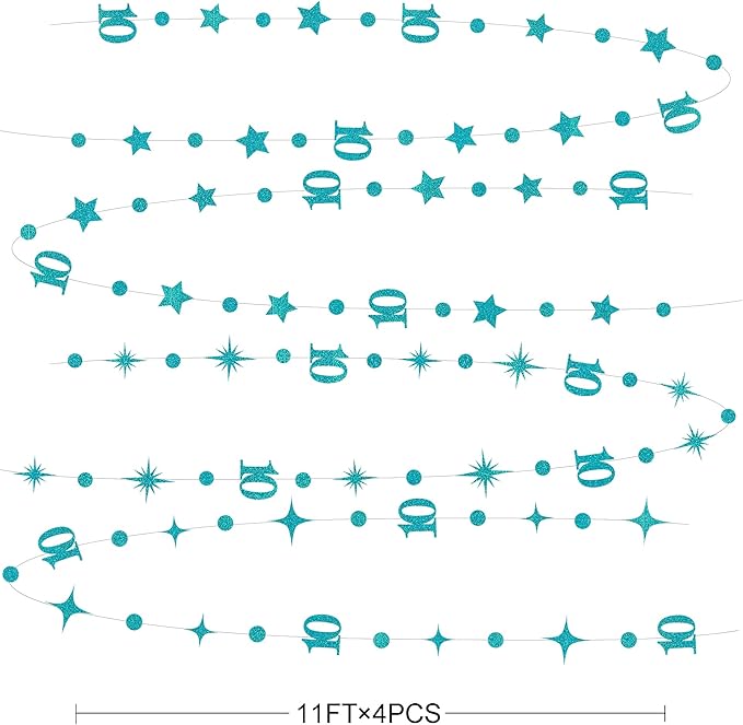 Teal Blue 10th Birthday Decorations Number 10 Circle Dot Star Garland Glitter - Image 2