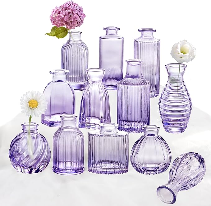 Glass Bud Vases Set of 12, Small Purple Vase Glass Vases by PHUNTTEK