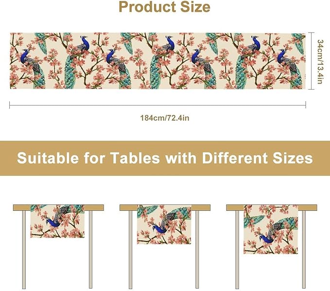 Peacock Table Runner, Spring Floral Peacock Birds Table Runner - Image 7