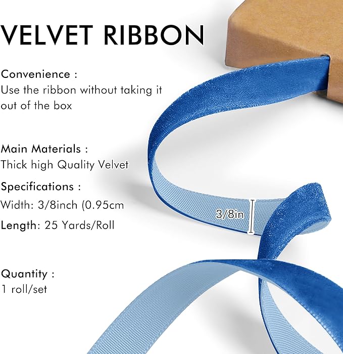 Royal Blue Velvet Ribbon 3/8'' 25 Yards - Image 2