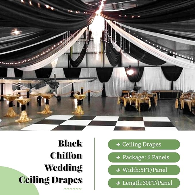 6 Panels Black Wedding Ceiling Drapes 5ftx30ft Ceiling Drapes Chiffon Fabric - Image 2