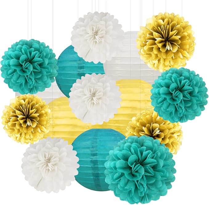 White Gold Teal Party Decorations – 15Pcs Tissue Paper Flowers Pom Poms Paper by HongTongTong