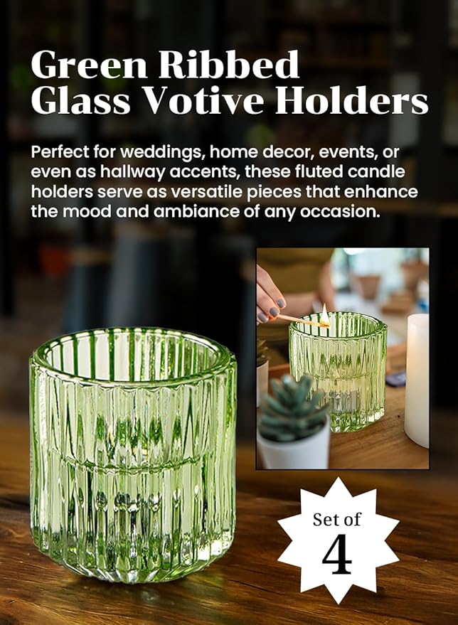 Serene Spaces Living Set of 4 Green Ribbed Glass Votive Holders, Measures 2.25" - Image 6