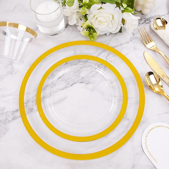 Rubtlamp 350 Pcs Clear Gold Plastic Plates, Disposable Dinnerware, 50 Cups - Image 5