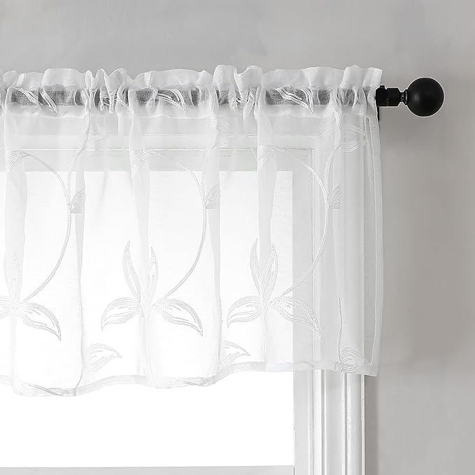 VISIONTEX Sheer Voile Curtain Valances, Decorative Leaves Embroidered, Rod - Image 2