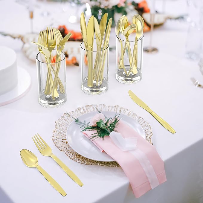 300 Count Extra Heavy Duty Gold Plastic Silverware, 100 Forks, 100 Spoons - Image 4