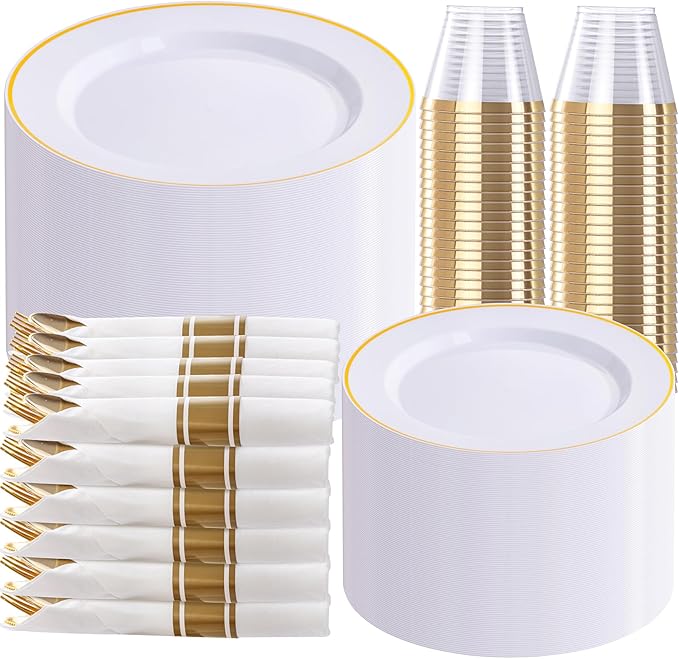 SUT 350 Pcs Gold and White Plastic Dinnerware Set by SeeYouTomorrow