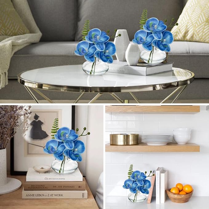 Blue Orchids Artificial Flowers Faux Orchids Arrangement in Clear Glass Vases - Image 4
