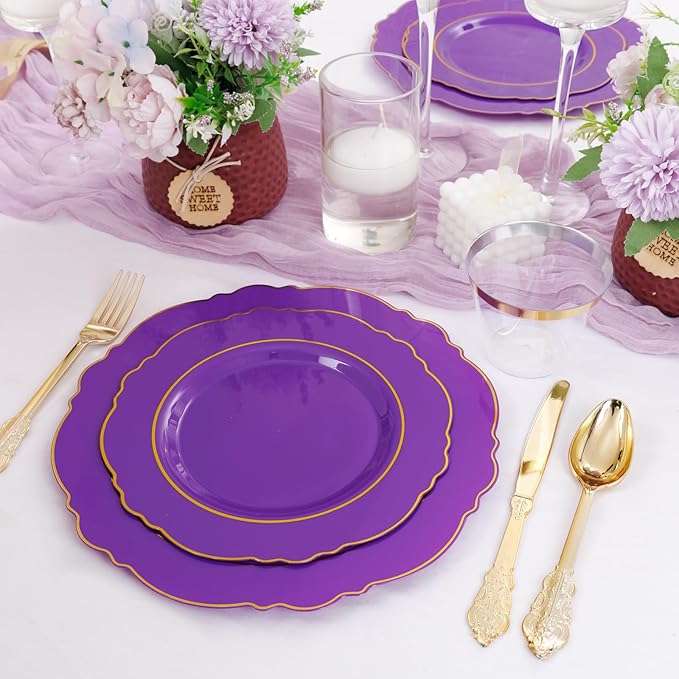 Liacere 350PCS Purple Plastic Plates-Disposable Purple and Gold Plates 50 guest - Image 5
