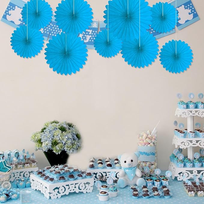 20 Pcs Sky Blue Hanging Paper Fan, Round Paper Fans Decorations Set - Image 4