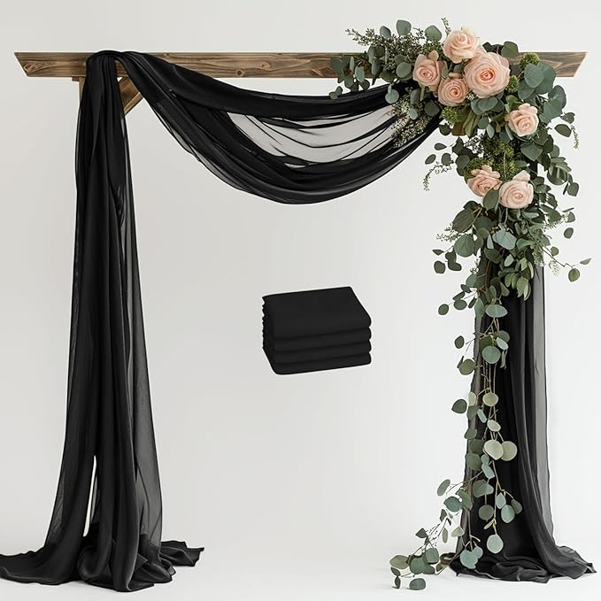 Wedding Arch Draping Fabric 4 Panels 28.7" x 20FT Black Sheer Chiffon Backdrop by Xiomot