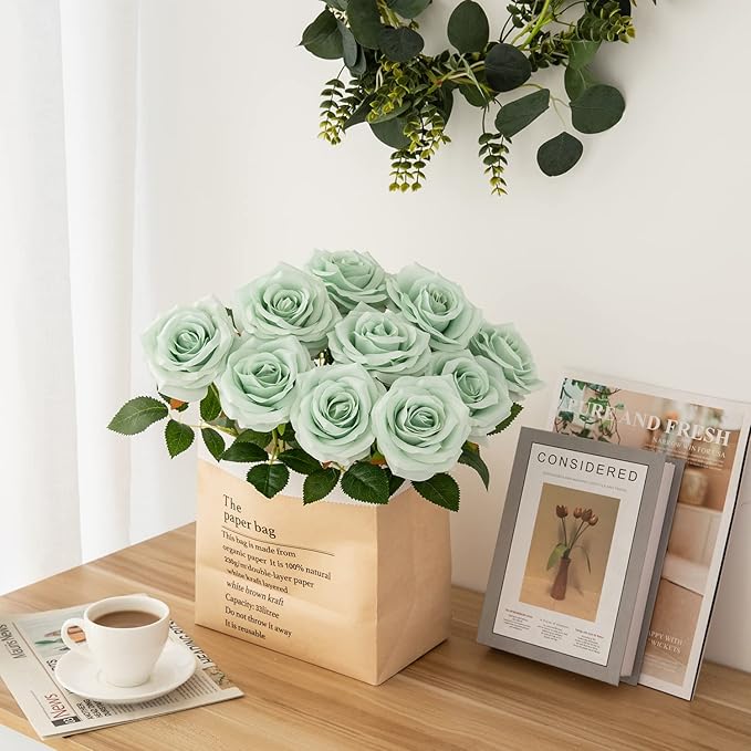 Artificial Rose 10pcs Open Flower Bouquet Sage Green Faux Rose Stems - Image 6