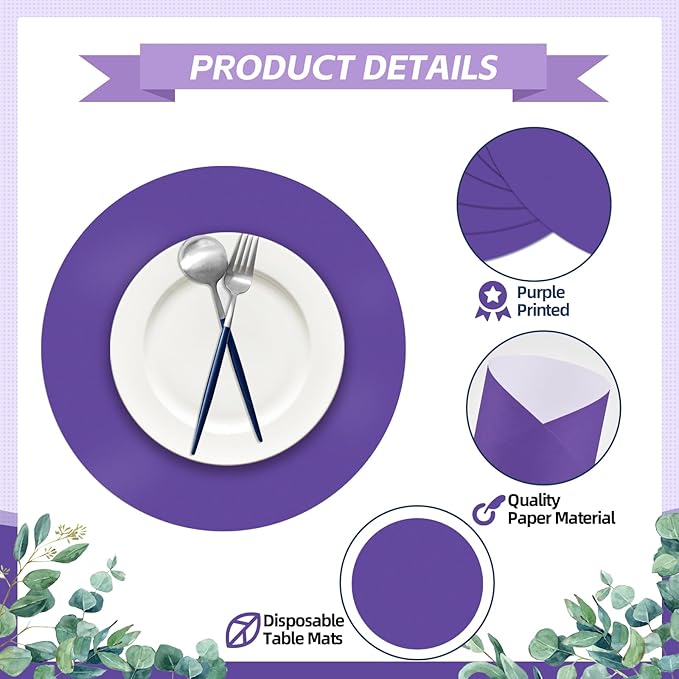 50 Pieces Purple Paper Place Mats Round Disposable Table Mats Purple Paper - Image 4