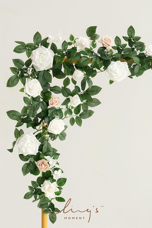 Ling's moment 5FT White Artificial Flower Garland Fake Rose Green Leaves Floral - Image 3