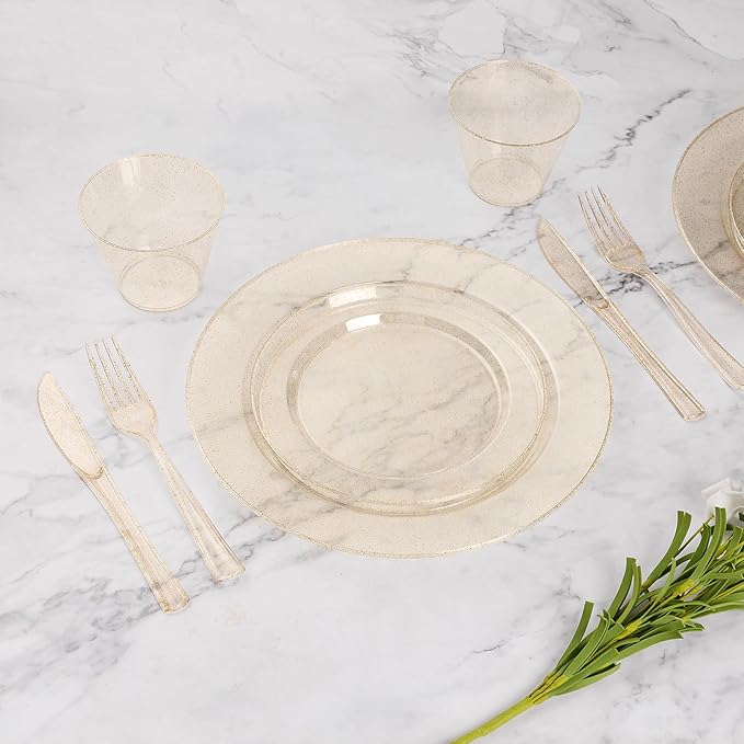 Goodluck 350 Piece Gold Glitter Plastic Dinnerware Set - Image 6