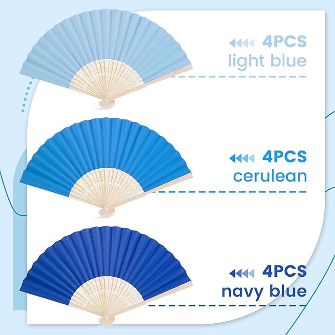 JOHOUSE 12Pcs Blue Paper Folding Hand Fans, 8.3 Inch Handheld Portable - Image 9