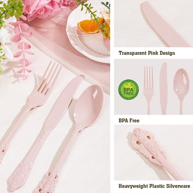WDF 120 Pieces Heavy Duty Pink Plastic Silverware - Image 6