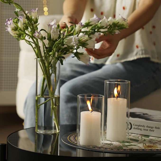 UDU Set of 6 White Pillar Candles and 6 Glass Cylinder Vases Hurricane Holders - Image 9