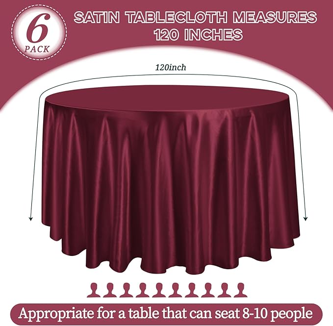 fani 6 Pack 120 Inch Burgundy Satin Tablecloth - Image 2