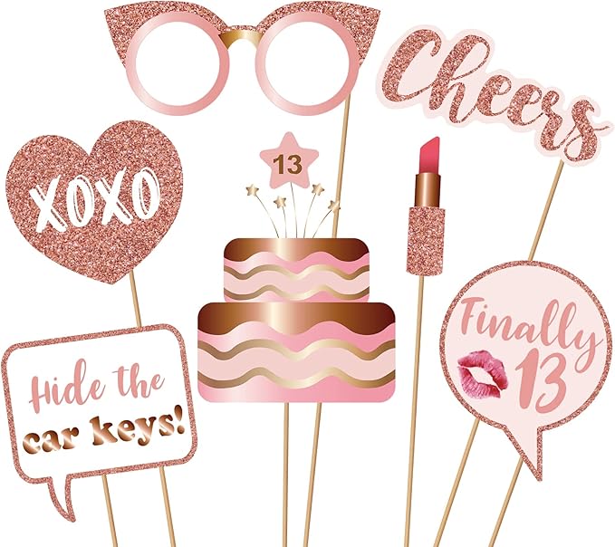 13th Birthday Party Photo Booth Props and Signs, Rose Gold 13 Birthday Party - Image 2