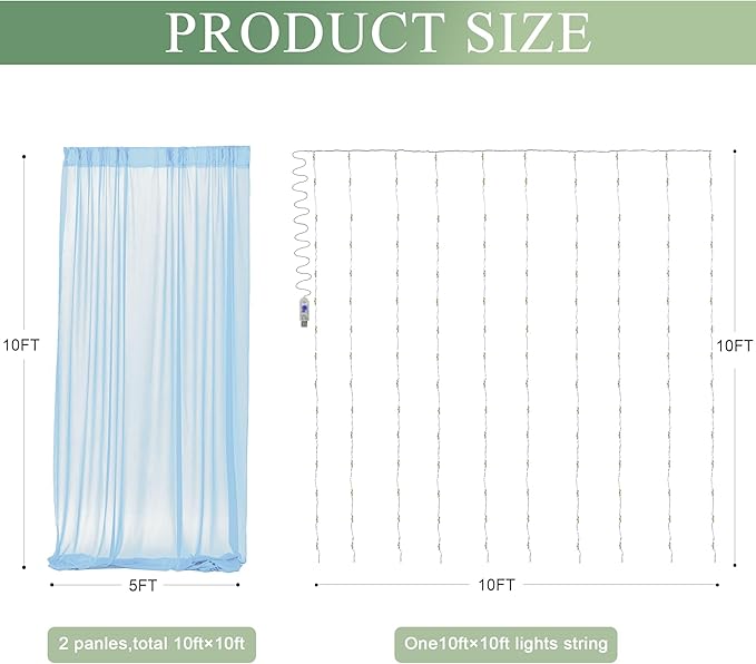 Tulle Backdrop Curtain with Lights String 10FT X 10FT Baby Blue Sheer Tulle - Image 3