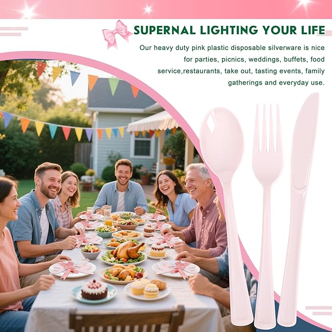 Supernal 300 Pieces Pink Plastic Silverware Heavy Duty Disposable Silverware - Image 9