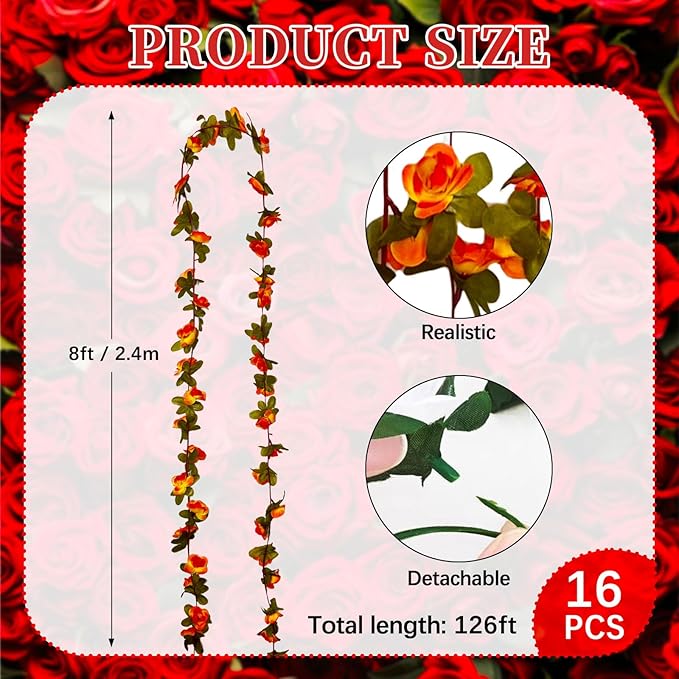 16Pcs 126Ft Orange Rose Garland, Fake Rose Hanging Flowers, Artificial Flower - Image 2