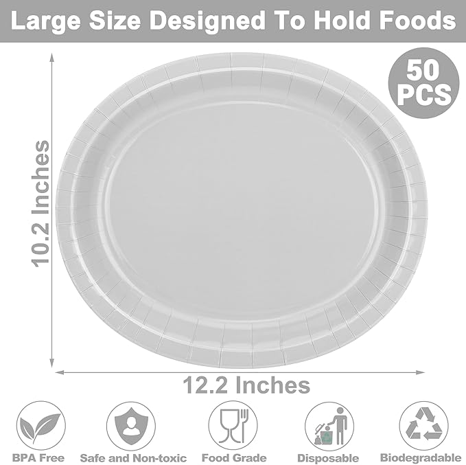 QZYL 50 Count Large Silver Oval Paper Plates, 12.2'' X 10.2'' - Image 2