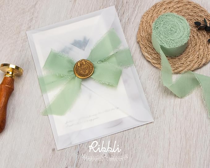 Ribbli Sage Green Ribbon 1 Inch x 3 Rolls Total 24 Yards Green Handmade Fringe - Image 3