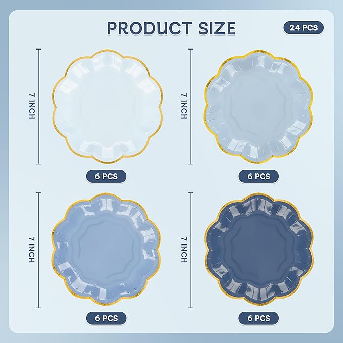 Dusty Blue Party Plates Gradient Blue Dessert Paper Plate 7inch Gold Foil - Image 2