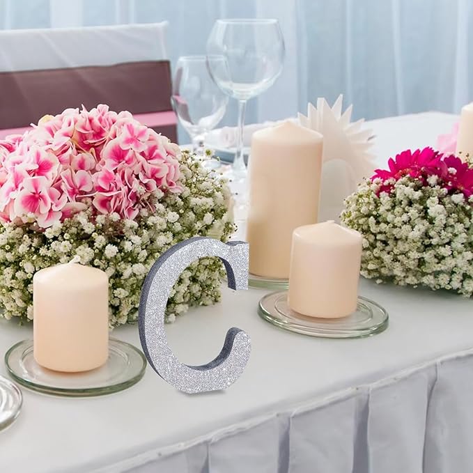 TONIFUL 8 Inch Silver Glitter Letter C Table Centerpiece A-Z Silver Birthday - Image 6