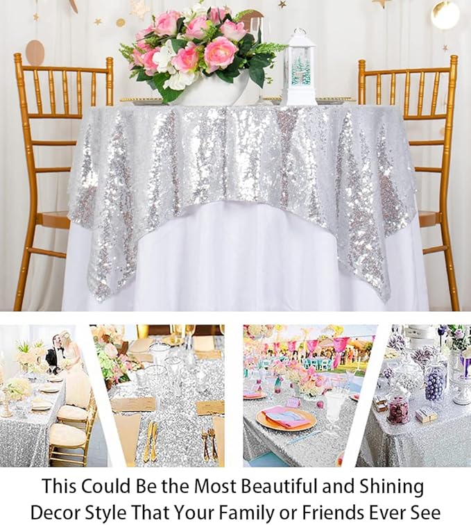 ShinyBeauty Sequin Tablecloth 36x36-Inch-Silver Square Glitter Table Cover - Image 5