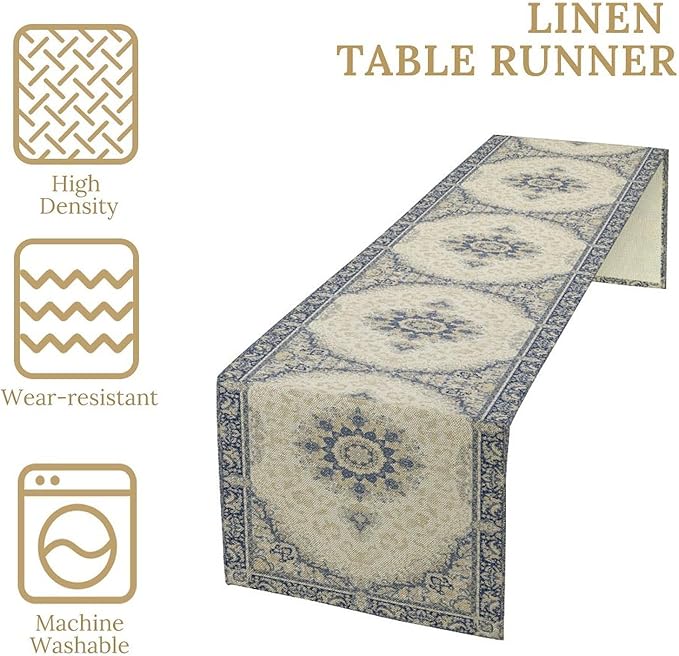Boho Bohemia Style Table Runner, Vintage Blue Gold Retro Flower Rustic Country - Image 5