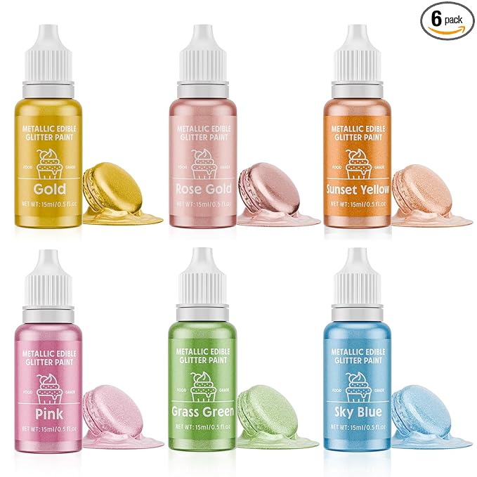 Edible Glitter Paint Set- 6 Color Food Coloring Metallic Glitter Paint by Cherrysea