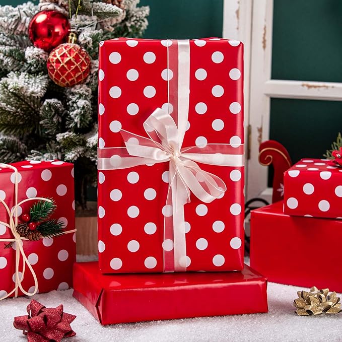 Burymento Red and White Dots Wrapping Paper, Reversible Pink Gift Wrap - Image 5