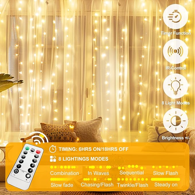 Fairy Curtain Lights Upgraded Tangle-Free Warm White USB Plug in 8 Modes String - Image 5