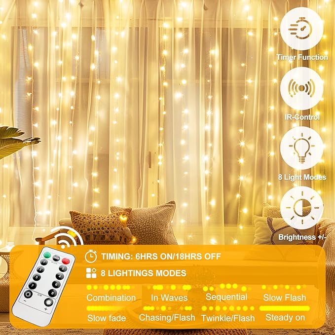 Fairy Curtain Lights Upgraded Tangle-Free Warm White USB Plug in 8 Modes String - Image 5